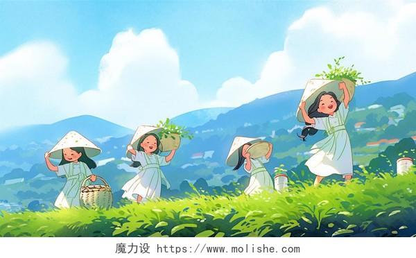 三个小女孩在户外采茶卡通AI插画茶叶茶园茶文化青山风景